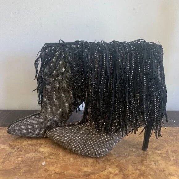 *ANDIAMO AFRINGE SPARKLE FRINGED STILETTO BOOTIE SIZE 6.5 * - Picture 4 of 13